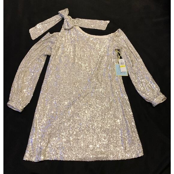 CeCe Womens Dress Medium NWT Bow Shoulder Long Sleeve Sequin Champagne Cocktail - Picture 2 of 13
